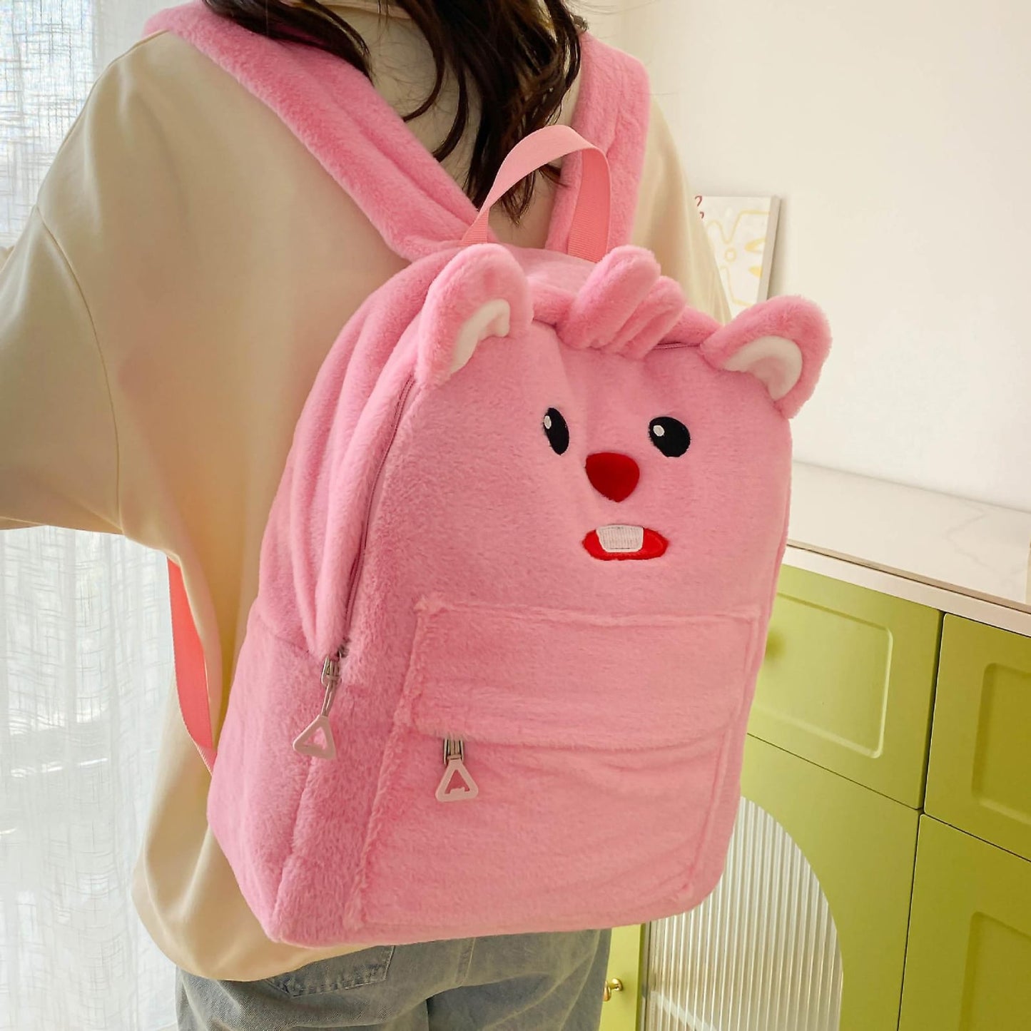 Cute Bunny Plush Backpack – Fluffy School Bag with Front Pocket
